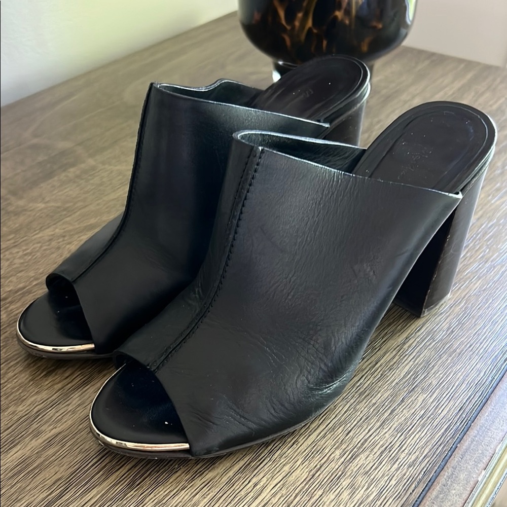 Massimo Dutti Black Leather Mules with Block Heel